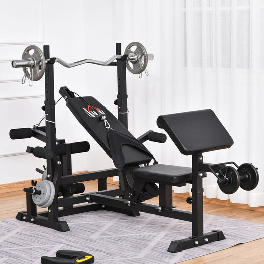 Multi-Position Weight Bench, Weight & Bar Rack Stand W/ Chest Fly Preacher Curls