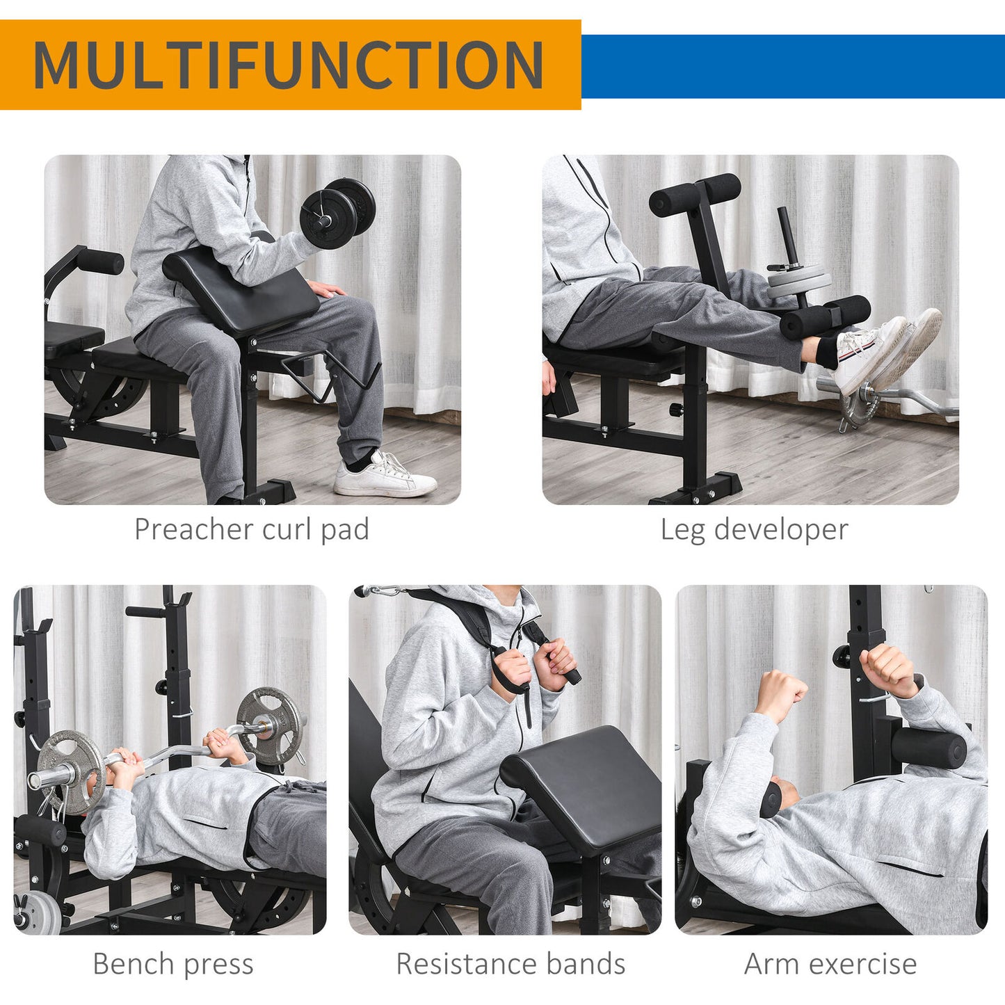Multi-Position Weight Bench, Weight & Bar Rack Stand W/ Chest Fly Preacher Curls