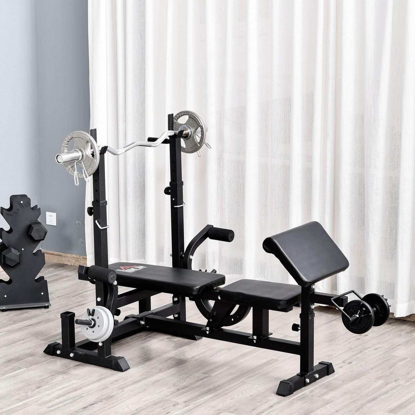 Multi-Position Weight Bench, Weight & Bar Rack Stand W/ Chest Fly Preacher Curls